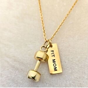 Fit Style Gold Dumbbell & "Fit Mom" Bar Charm Necklace